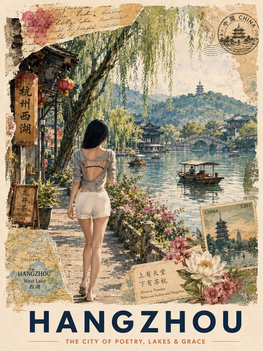 Vintage Hangzhou Travel Postcard - AI image template preview