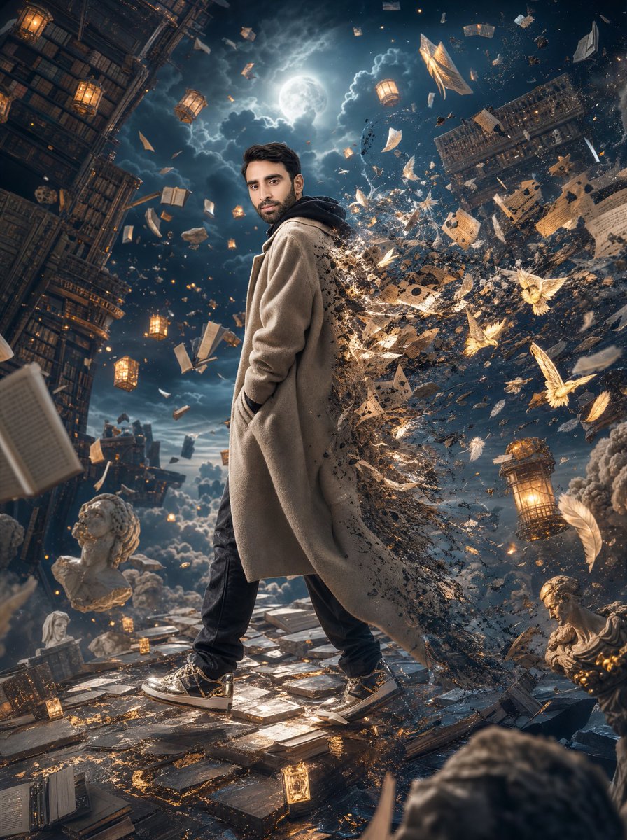 Surreal Floating Library Walker - AI image template preview