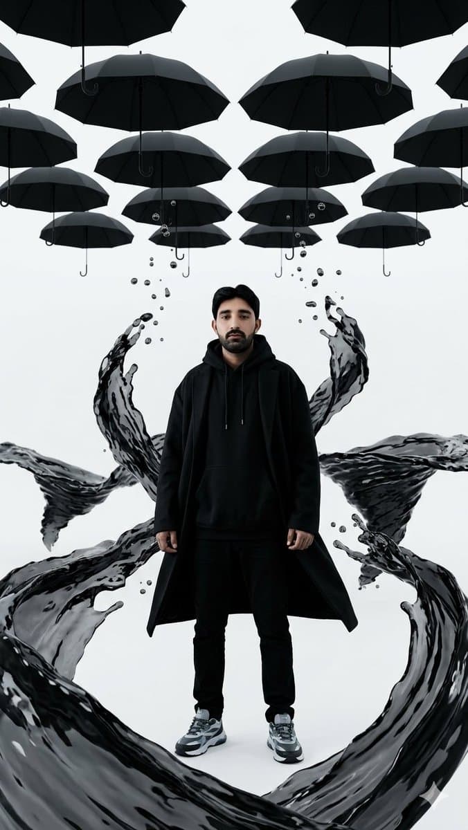 Surreal Man with Black Water and Umbrellas - AI image template preview
