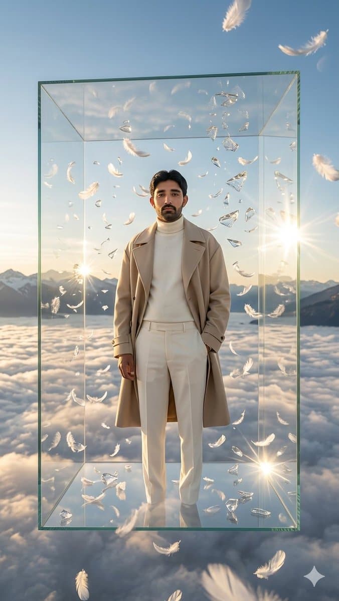 Man in Floating Glass Cube - AI image template preview