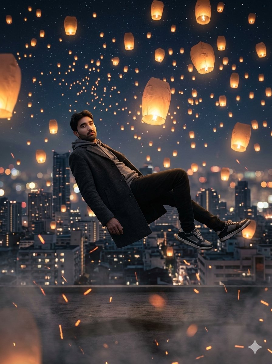 Floating Man Above Lantern City - AI image template preview