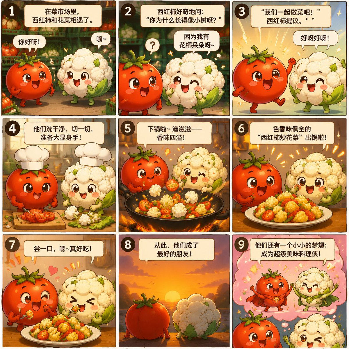 Nine-Panel Vegetable Anime Comic - AI image template preview