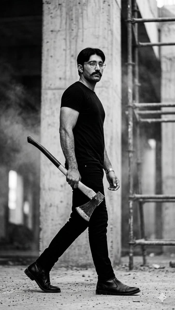 Monochrome Industrial Axe Walker - AI image template preview
