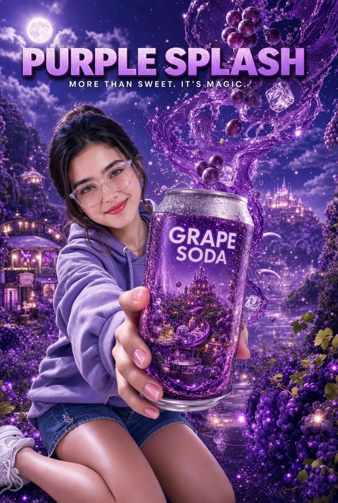 Purple Fantasy Grape Soda Ad - AI image template preview