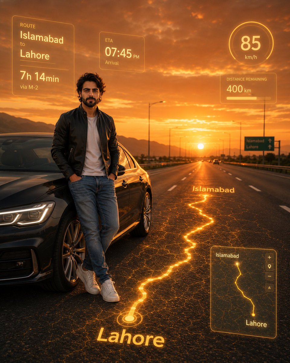 Photorealistic Man with HUD Navigation on Highway - AI image template preview