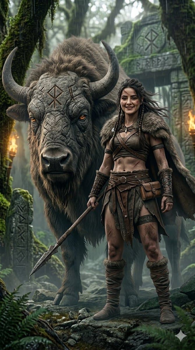 Fantasy Huntress and Ancient Beast - AI image template preview