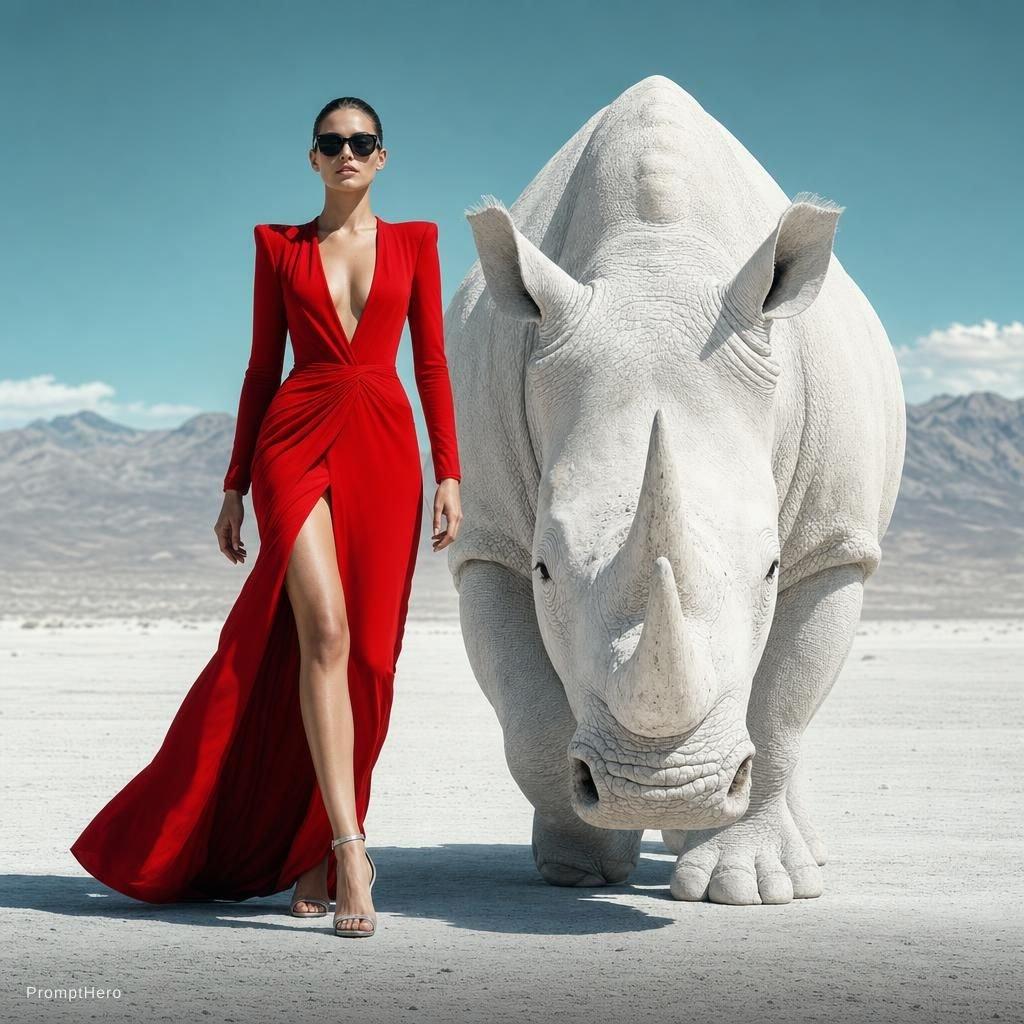 Surreal Editorial Fashion Model with Rhino - AI image template preview