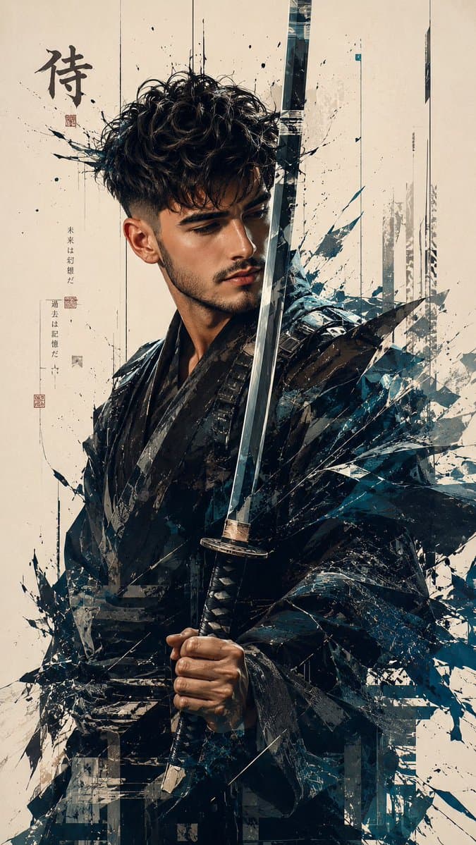 Futuristic Samurai Glitch Art Portrait - AI image template preview