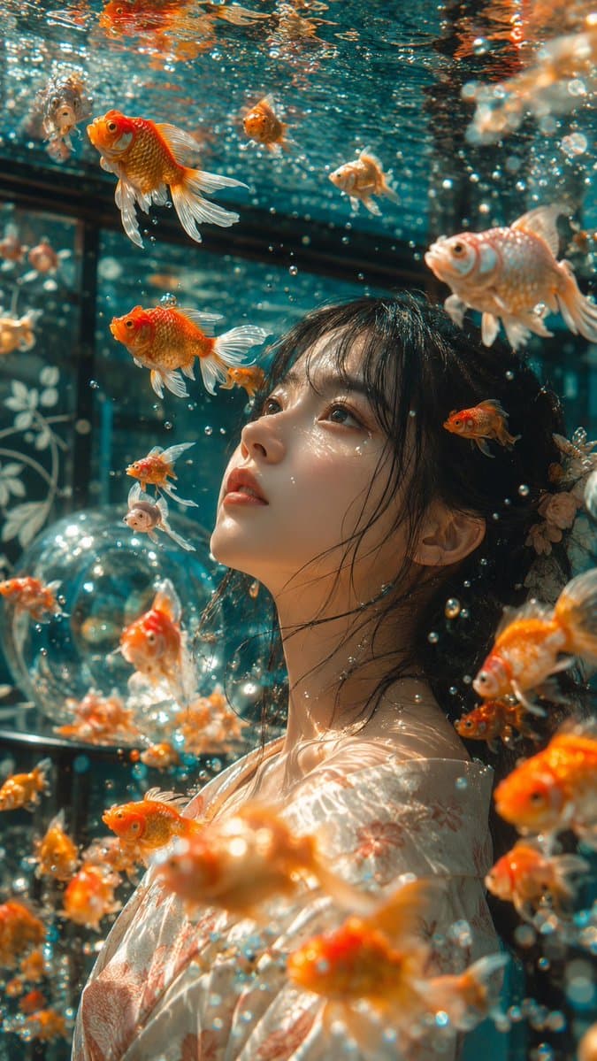 Japanese Goldfish Aquarium Portrait - AI image template preview