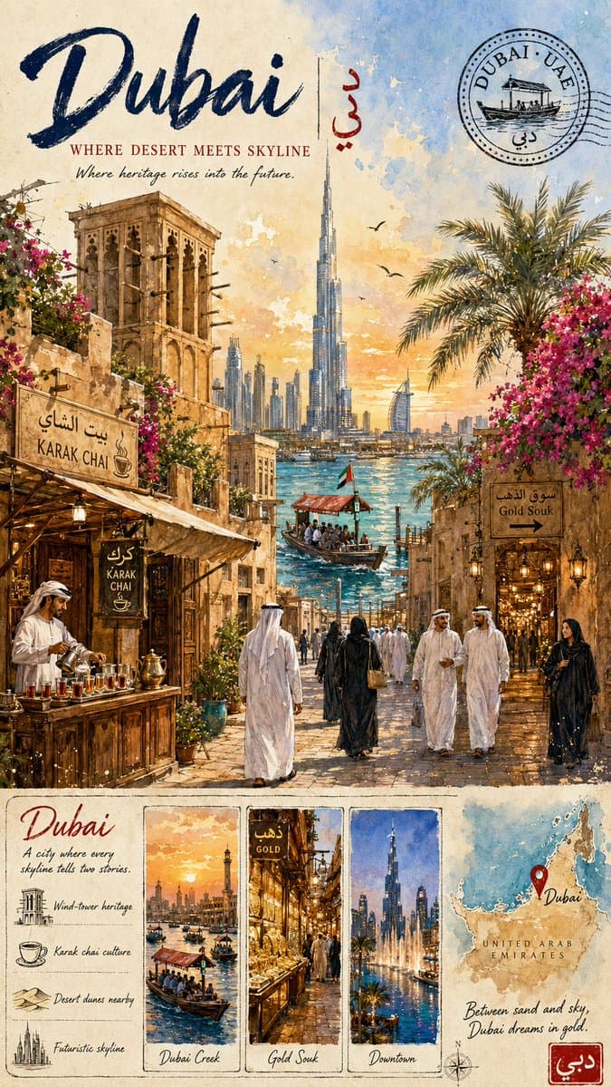 Vintage Dubai Watercolor Travel Poster preview