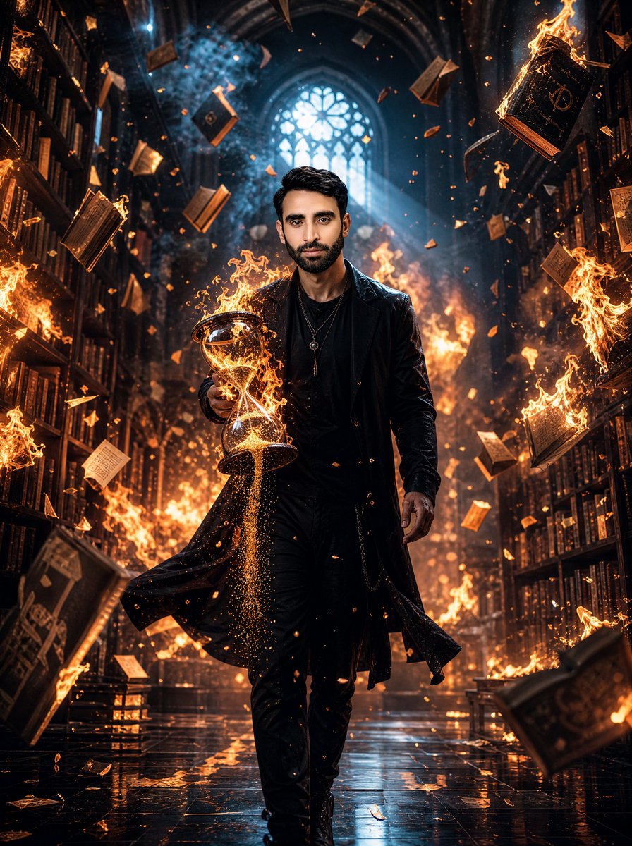 Burning Gothic Library Sorcerer - AI image template preview