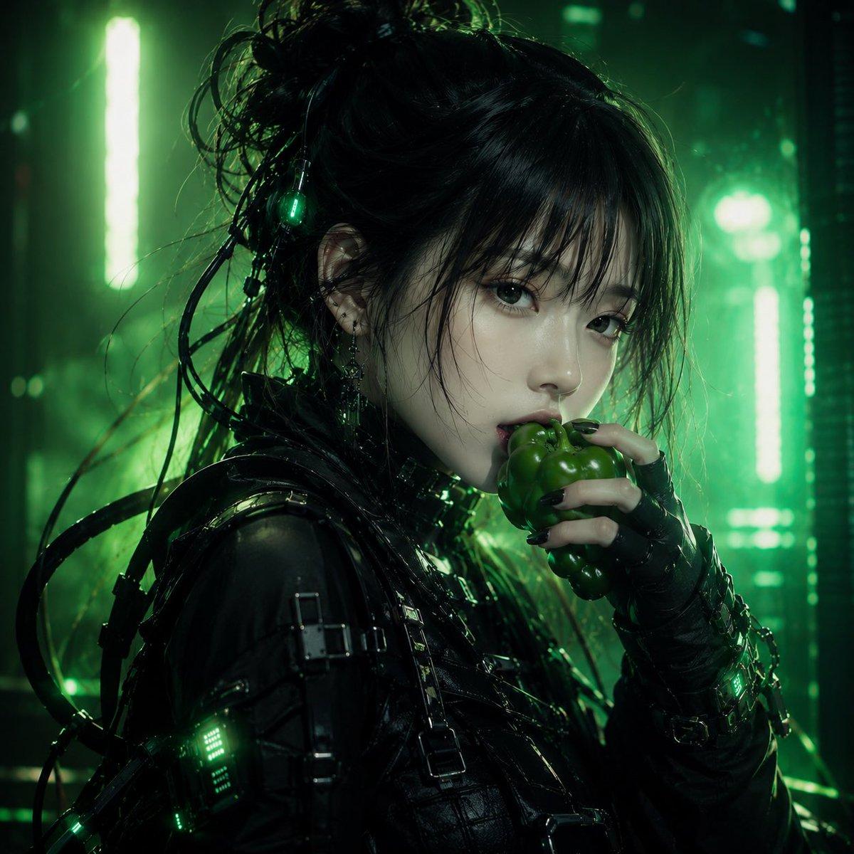 Cyberpunk Woman Eating Bell Pepper - AI image template preview