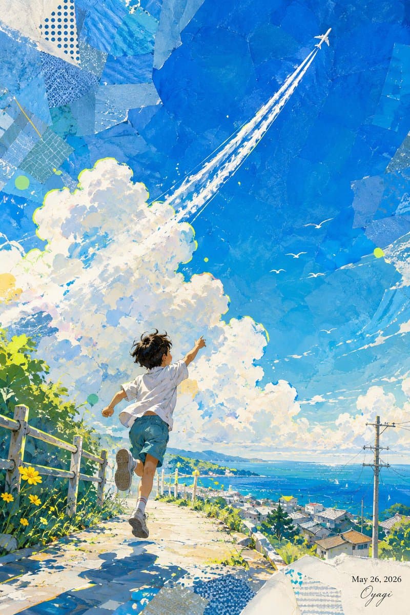 Boy Chasing Airplane Contrail - AI image template preview