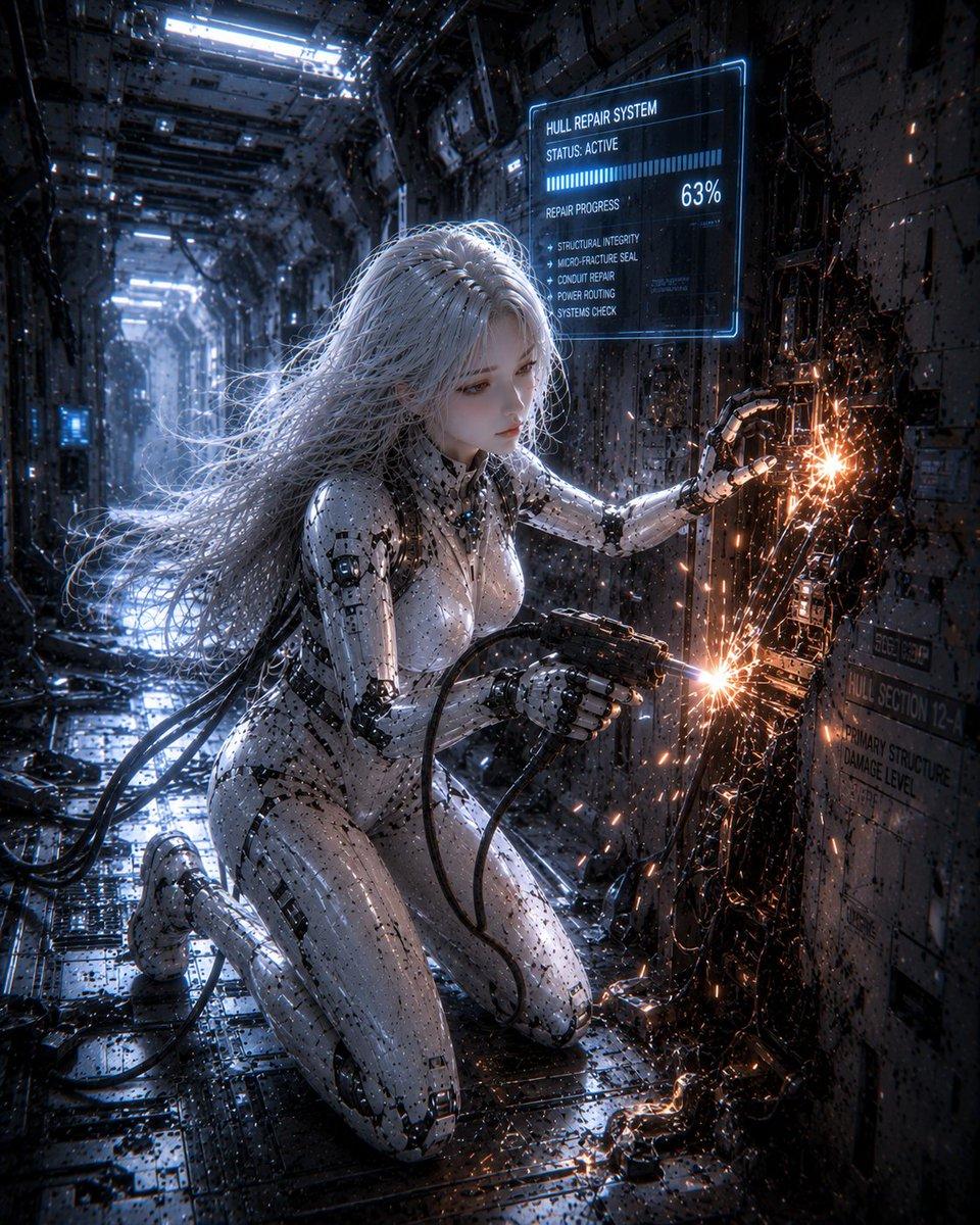 Female Android Repairing Spaceship Hull - AI image template preview