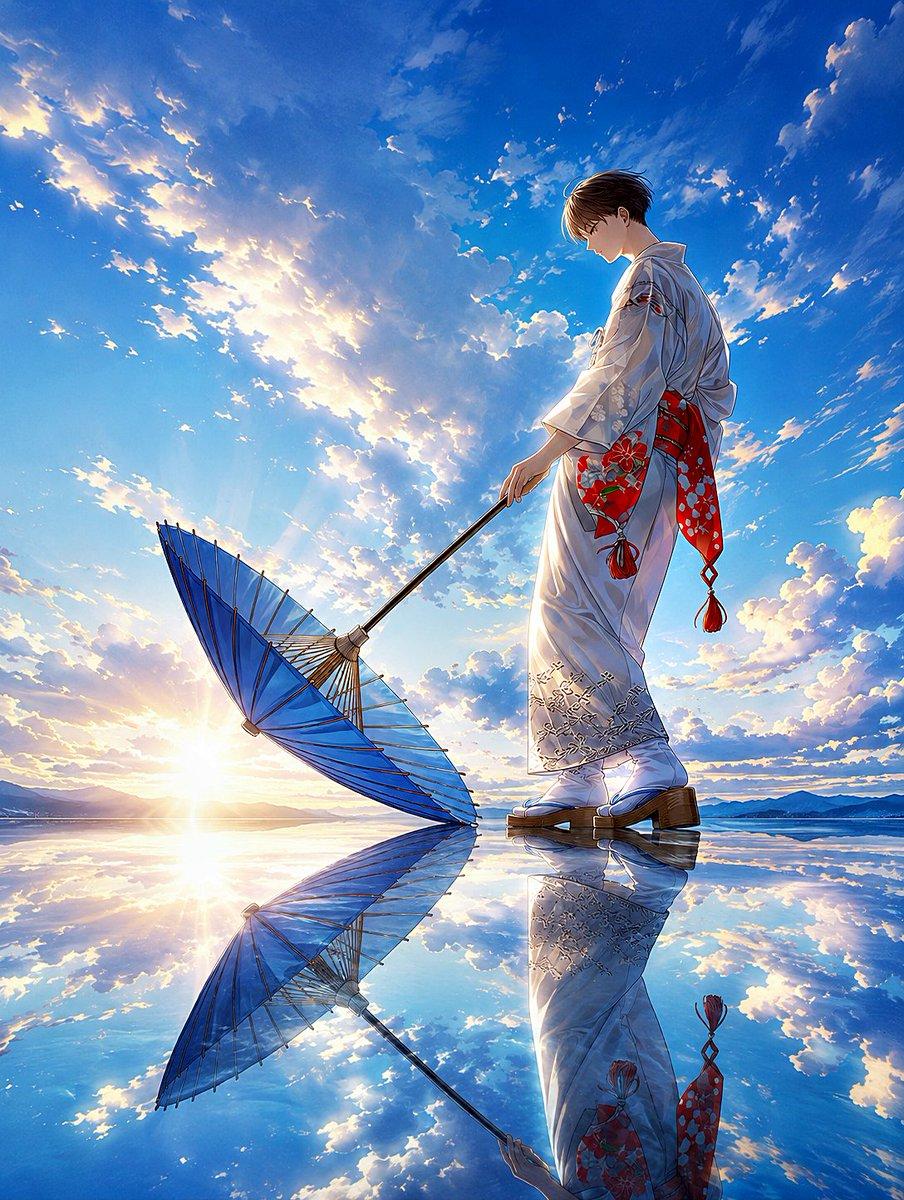 Kimono Figure with Blue Umbrella - AI image template preview
