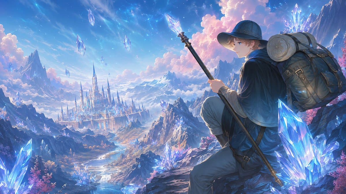 Traveler Over Crystal Mountain Valley - AI image template preview
