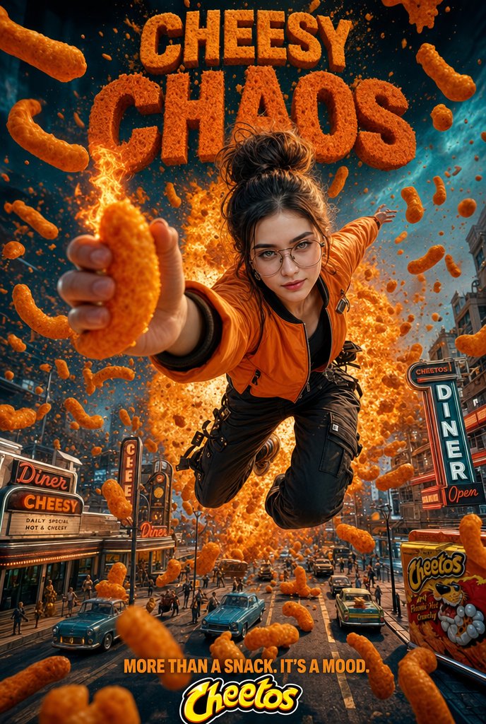 Cheesy Chaos Snack Ad - AI image template preview