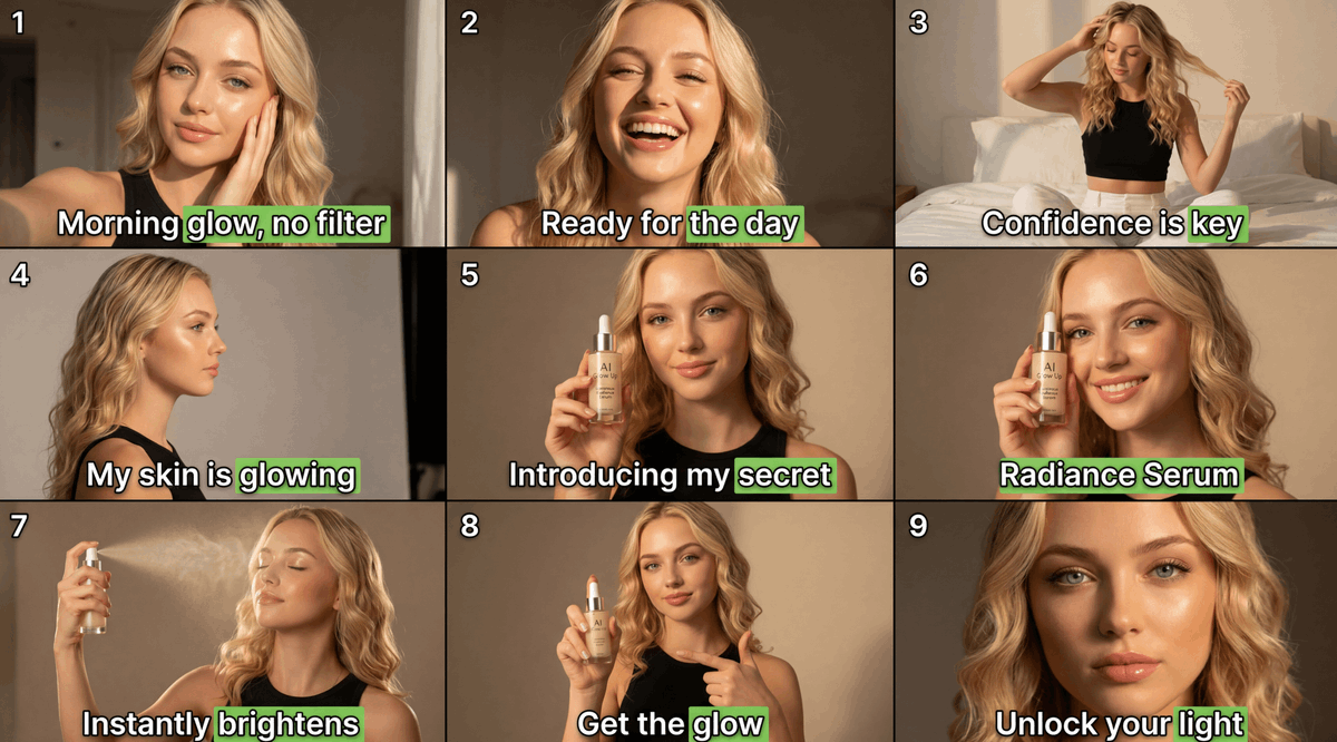 9-Panel Beauty Serum Storyboard - AI image template preview