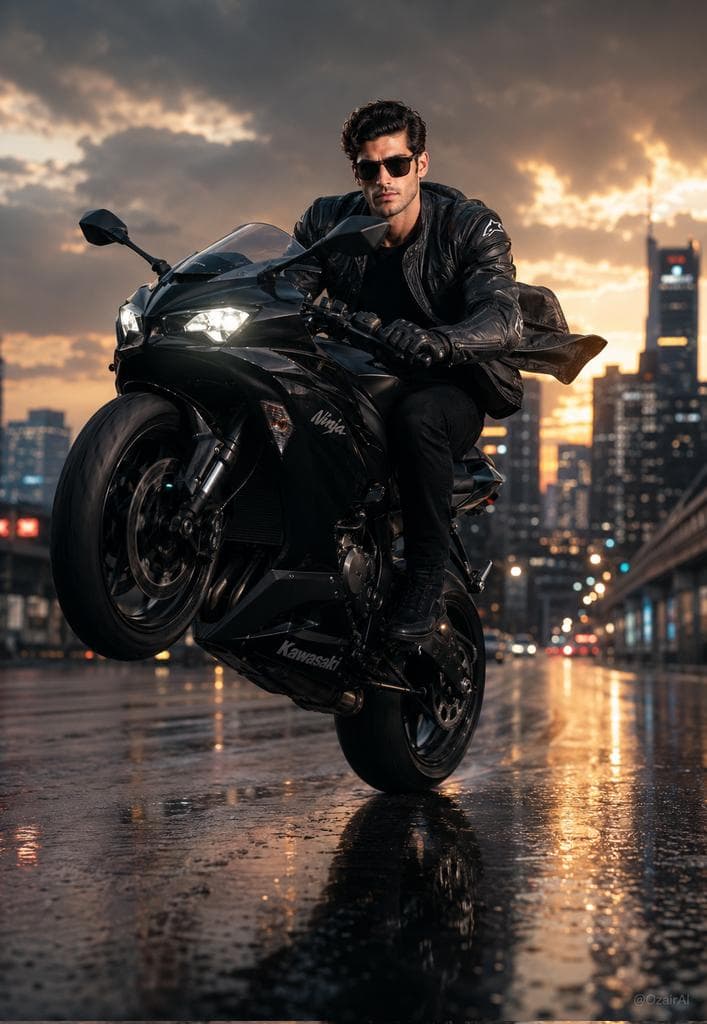 Hyper-Realistic Biker Wheelie Portrait - AI image template preview