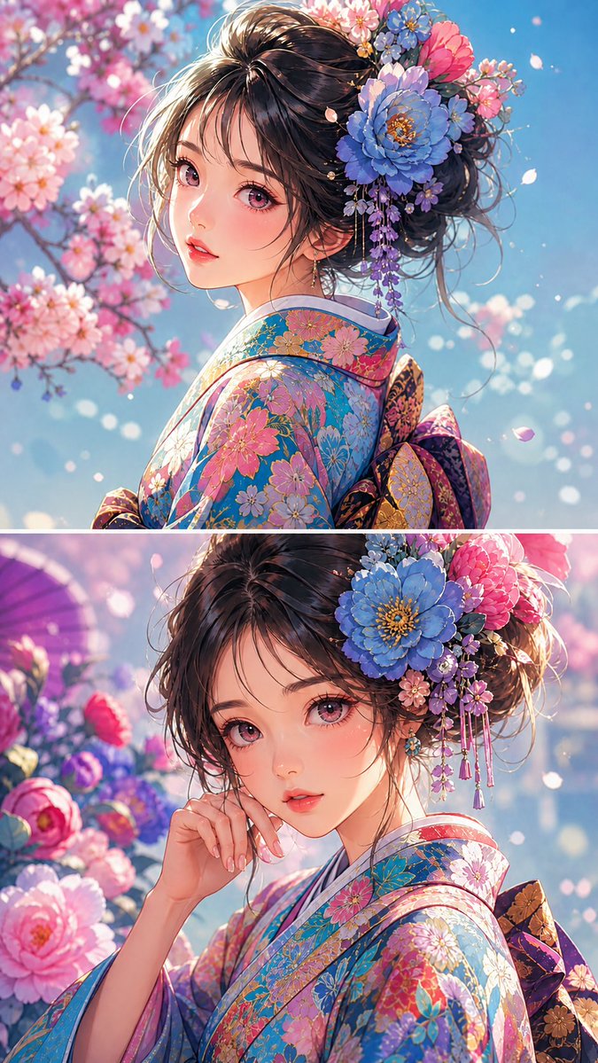 Anime Girl Floral Kimono Portrait - AI image template preview