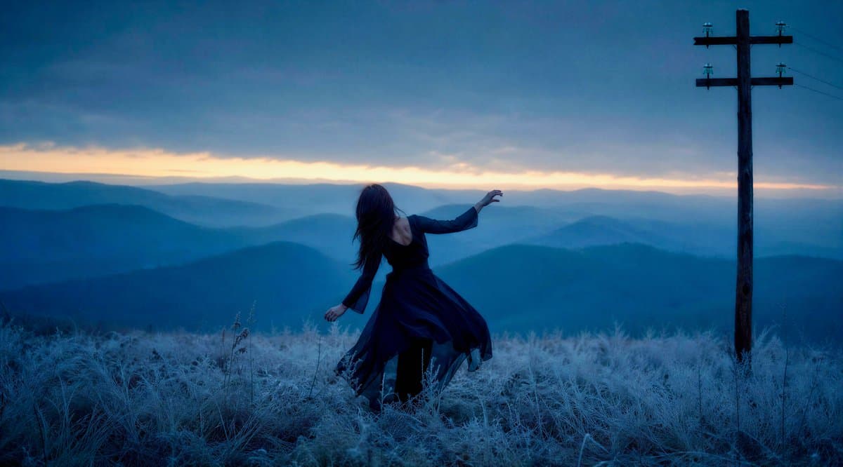 Windblown Woman on Misty Mountain - AI image template preview