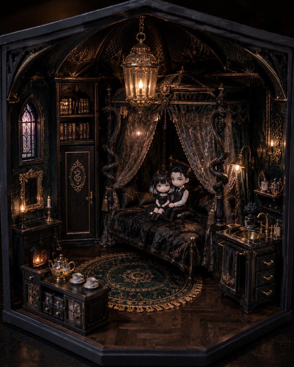 Gothic Miniature Dollhouse Bedroom - AI image template preview