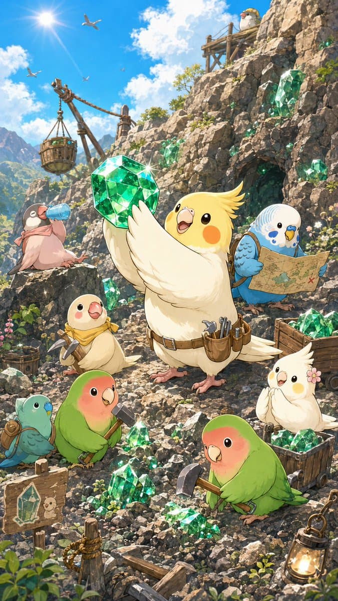 Cute Bird Emerald Mine Adventure - AI image template preview