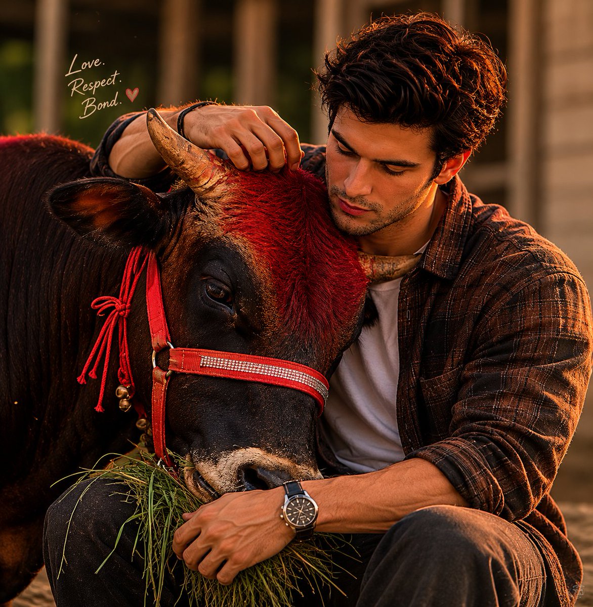 Man and Bull Emotional Bond Portrait - AI image template preview