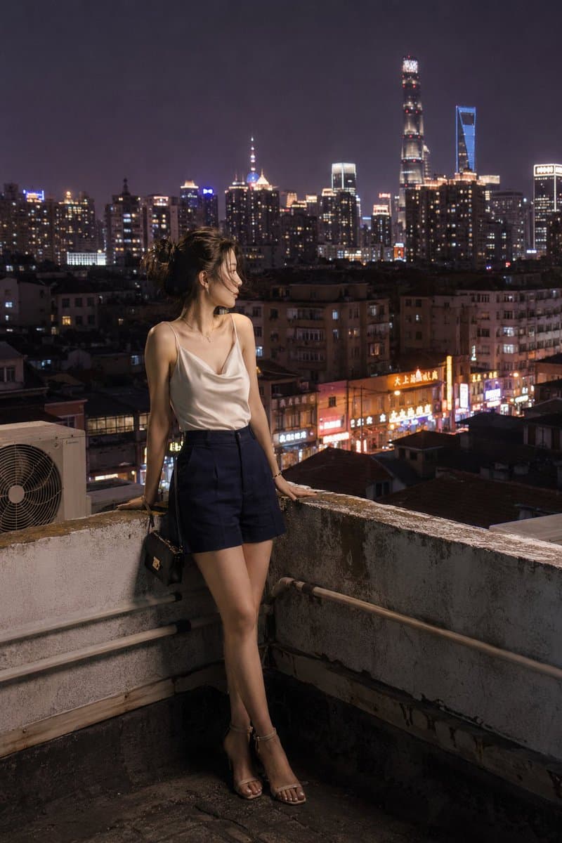 Shanghai Shikumen Rooftop Night Portrait - AI image template preview