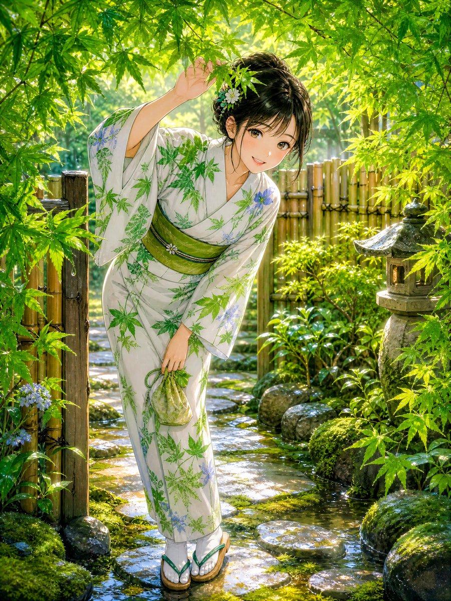 Rainy Maple Garden Kimono Scene - AI image template preview