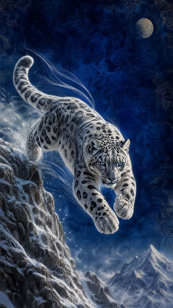 Moonlit Snow Leopard Leap - AI image template preview