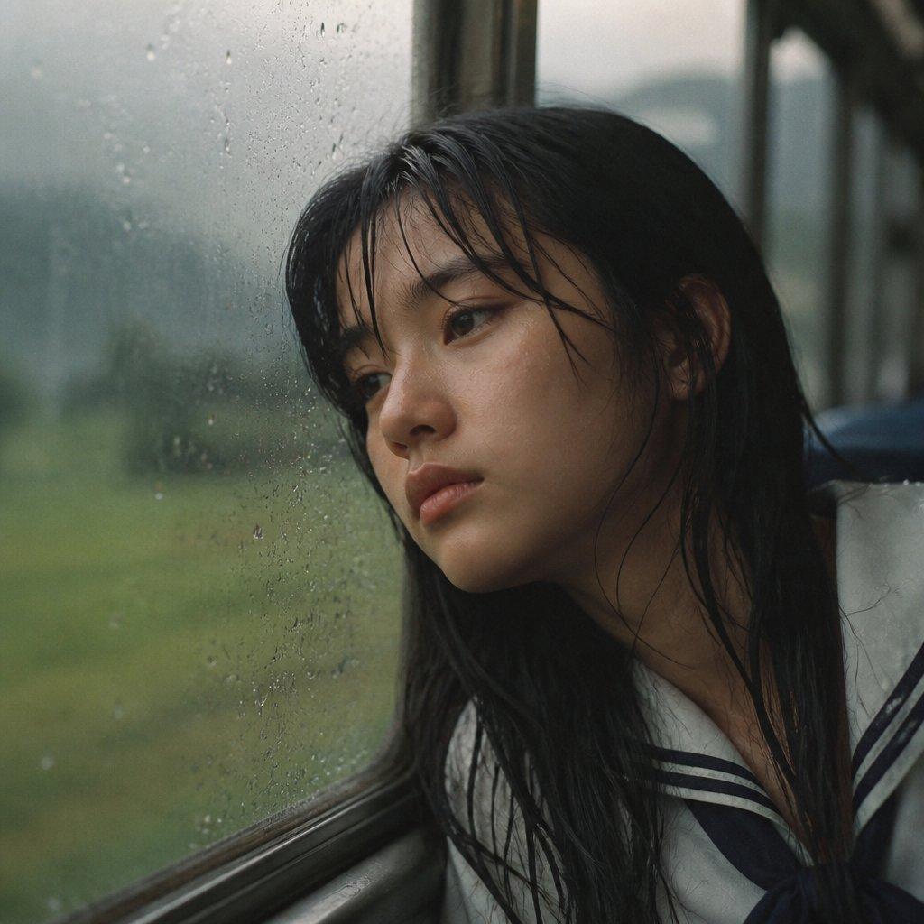 Rainy Train Schoolgirl Portrait - AI image template preview