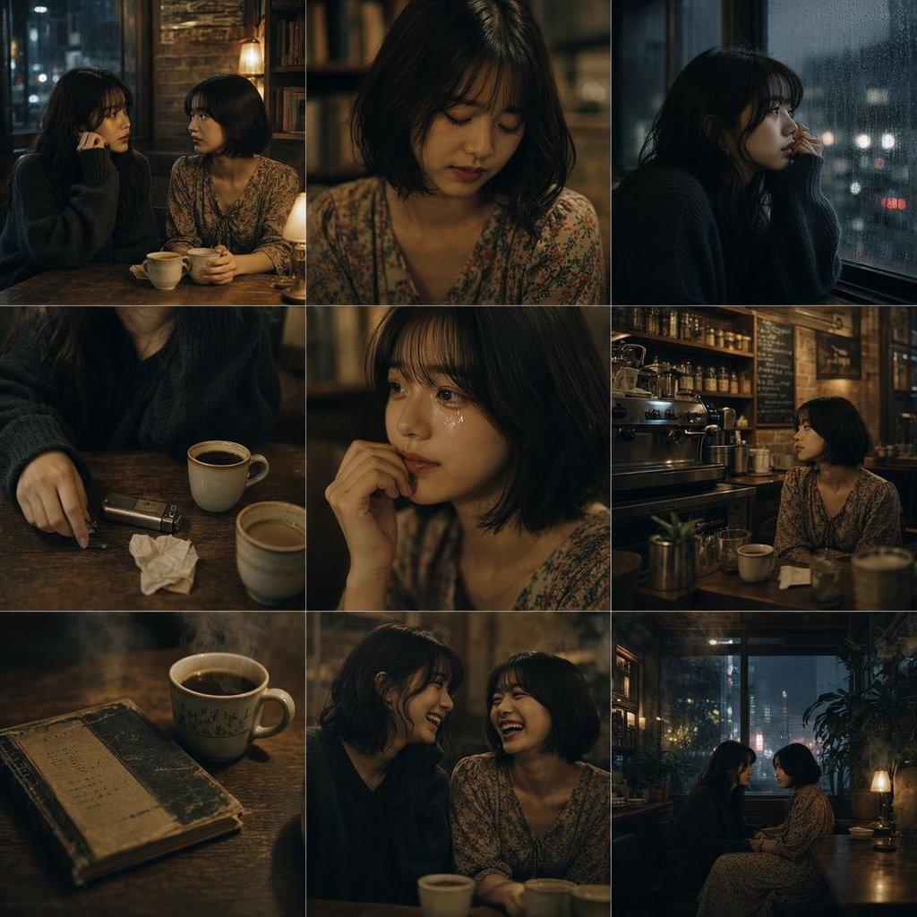 Moody Rainy Cafe 3x3 Photo Grid - AI image template preview