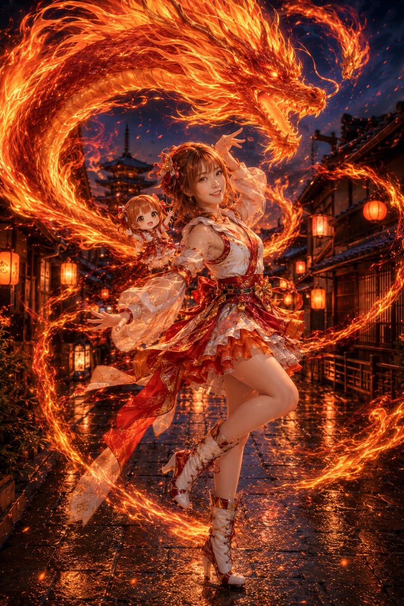 Fire Dragon Magic Girl in Old Kyoto - AI image template preview