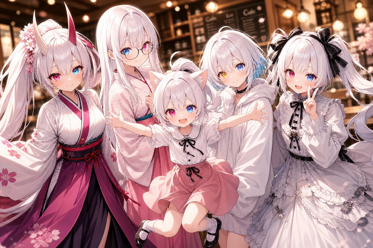 Five-Girl Anime Café Group Portrait - AI image template preview
