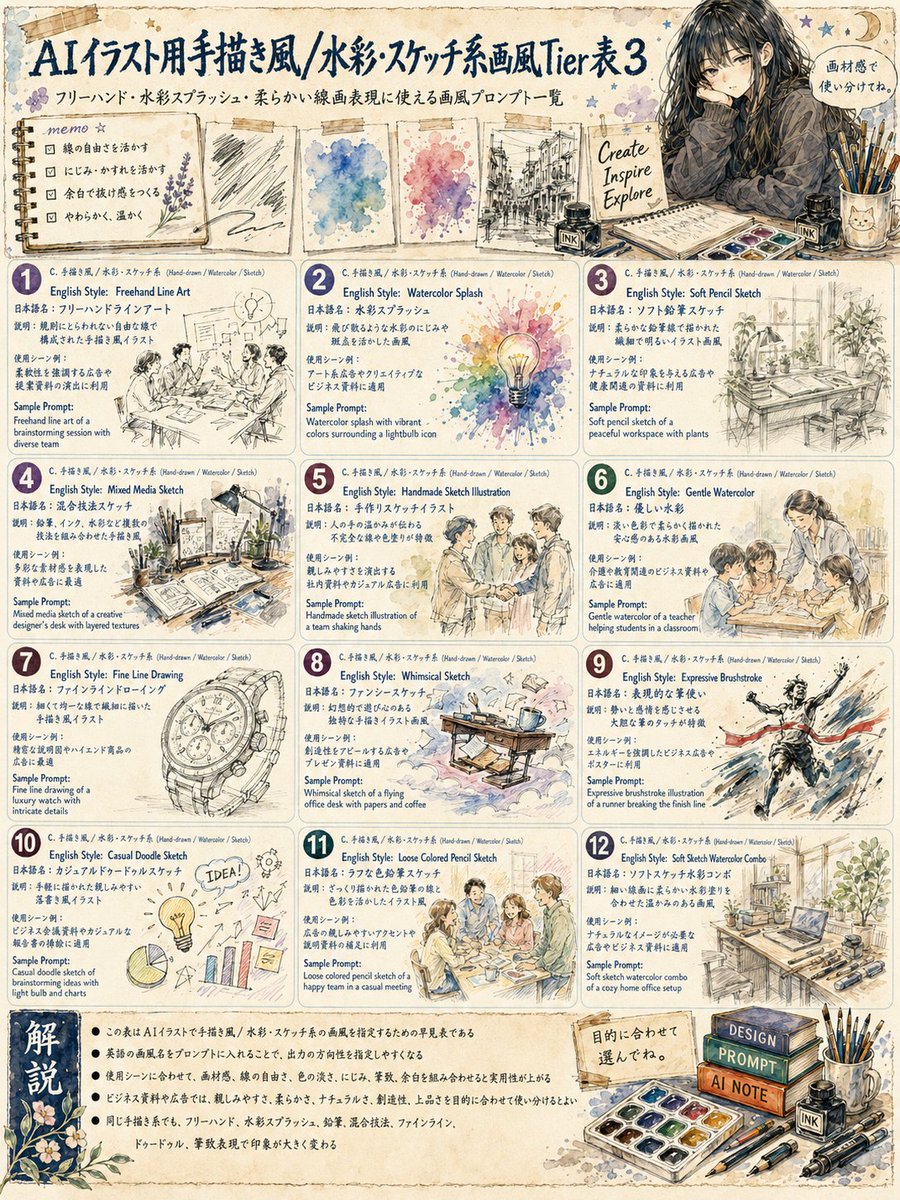 Japanese Watercolor Sketch Style Tier Poster - AI image template preview
