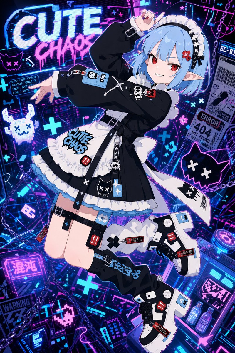 Cute Chaos Cyberpunk Maid Elf - AI image template preview