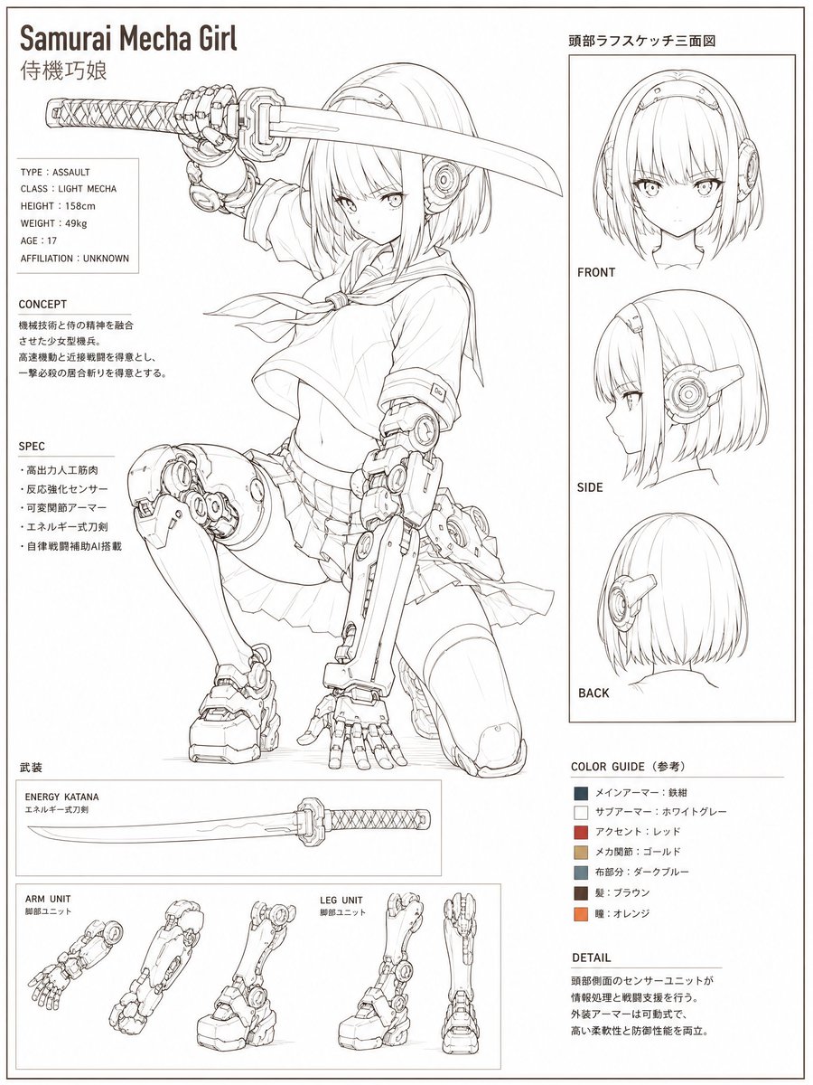 Samurai Mecha Girl Reference Sheet - AI image template preview