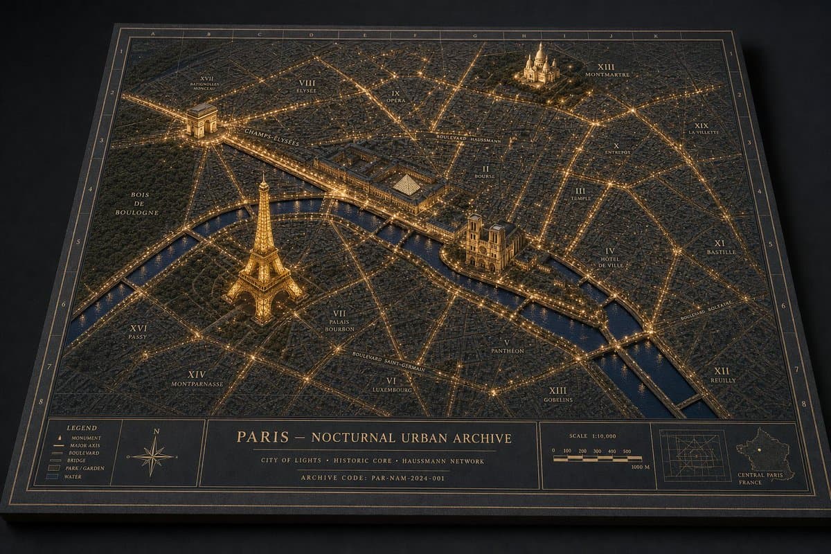 Paris Nocturnal Urban Archive Map - AI image template preview