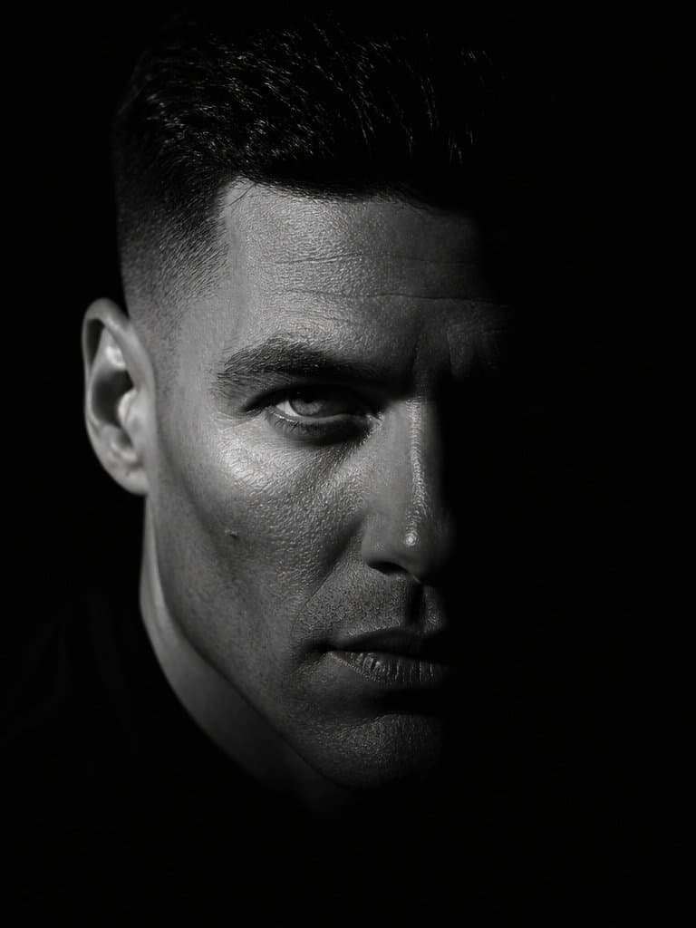 Dramatic Chiaroscuro Male Editorial Portrait - AI image template preview