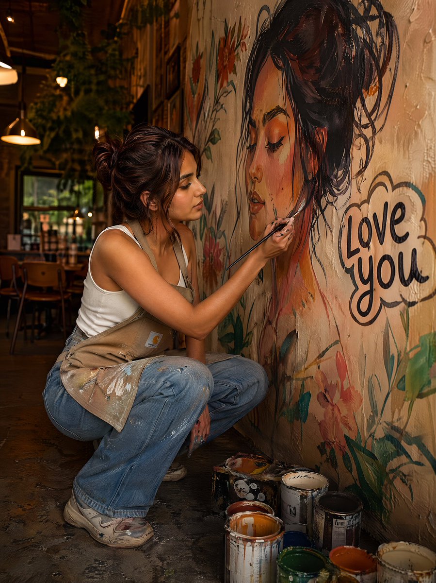 Editorial Portrait of Artist Painting Café Mural - AI image template preview