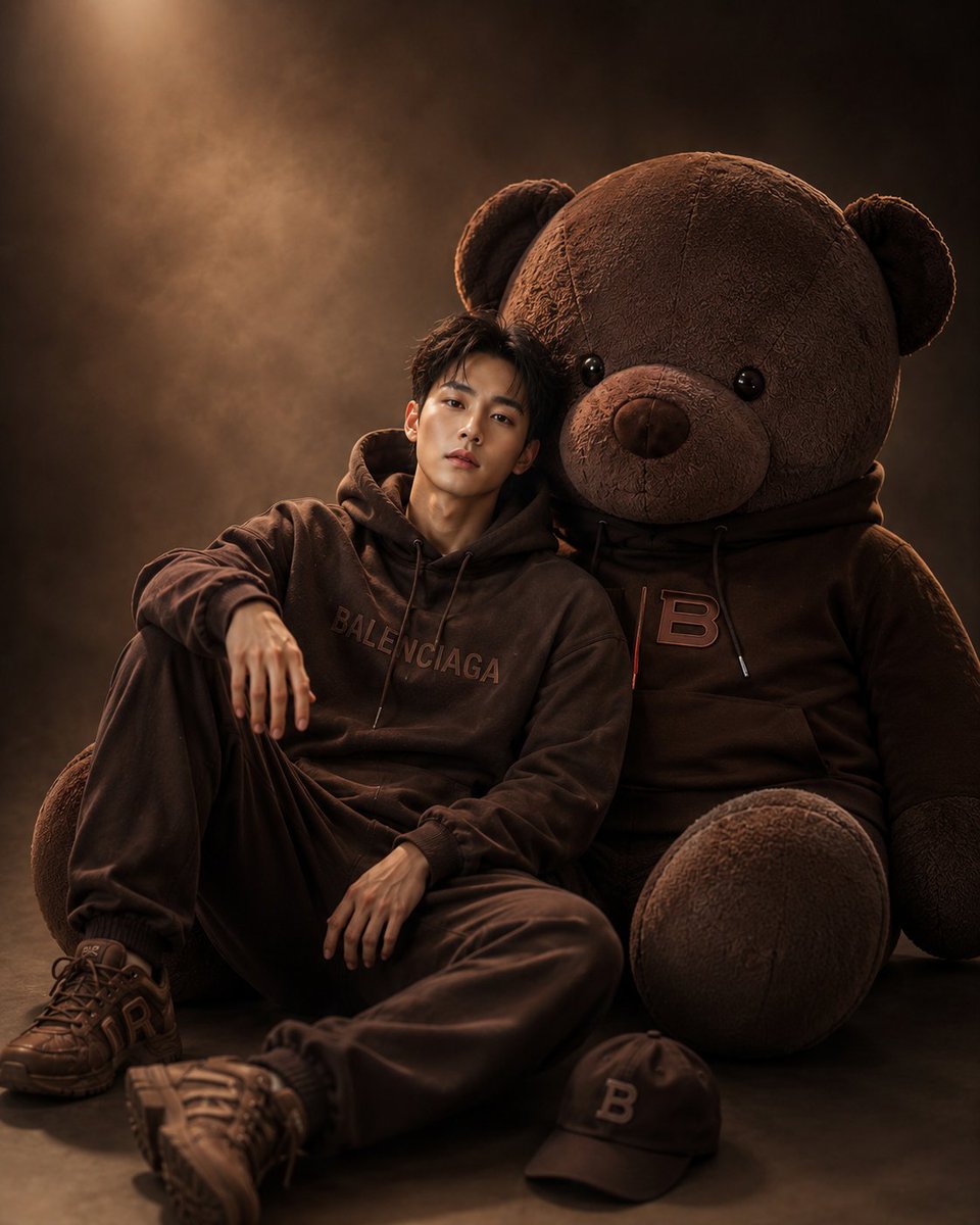 Cinematic Studio Portrait with Giant Teddy Bear - AI image template preview