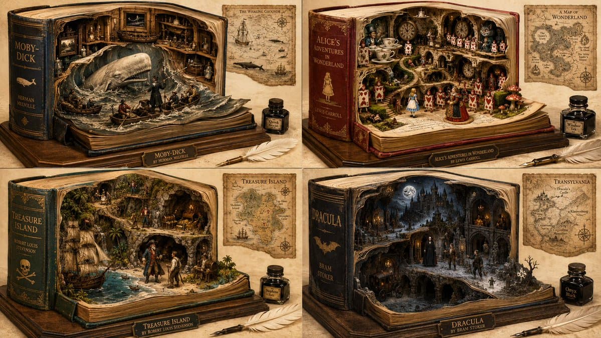 Magical Fantasy Book Diorama Grid - AI image template preview