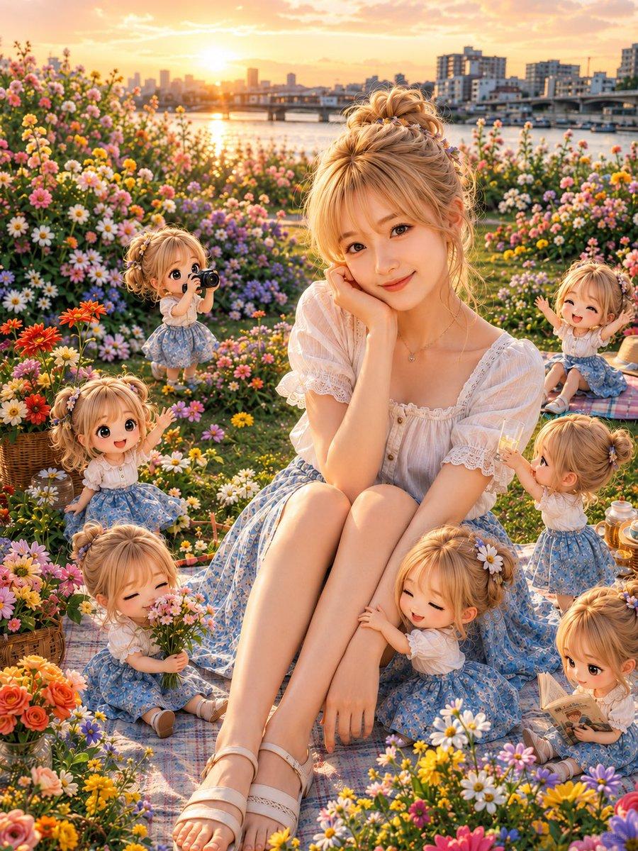 Golden Hour Picnic with Chibi Miniatures - AI image template preview