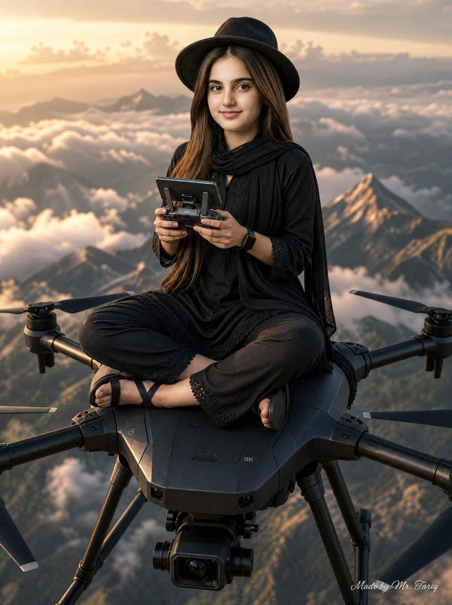 Woman Riding Giant Drone Above Mountains - AI image template preview