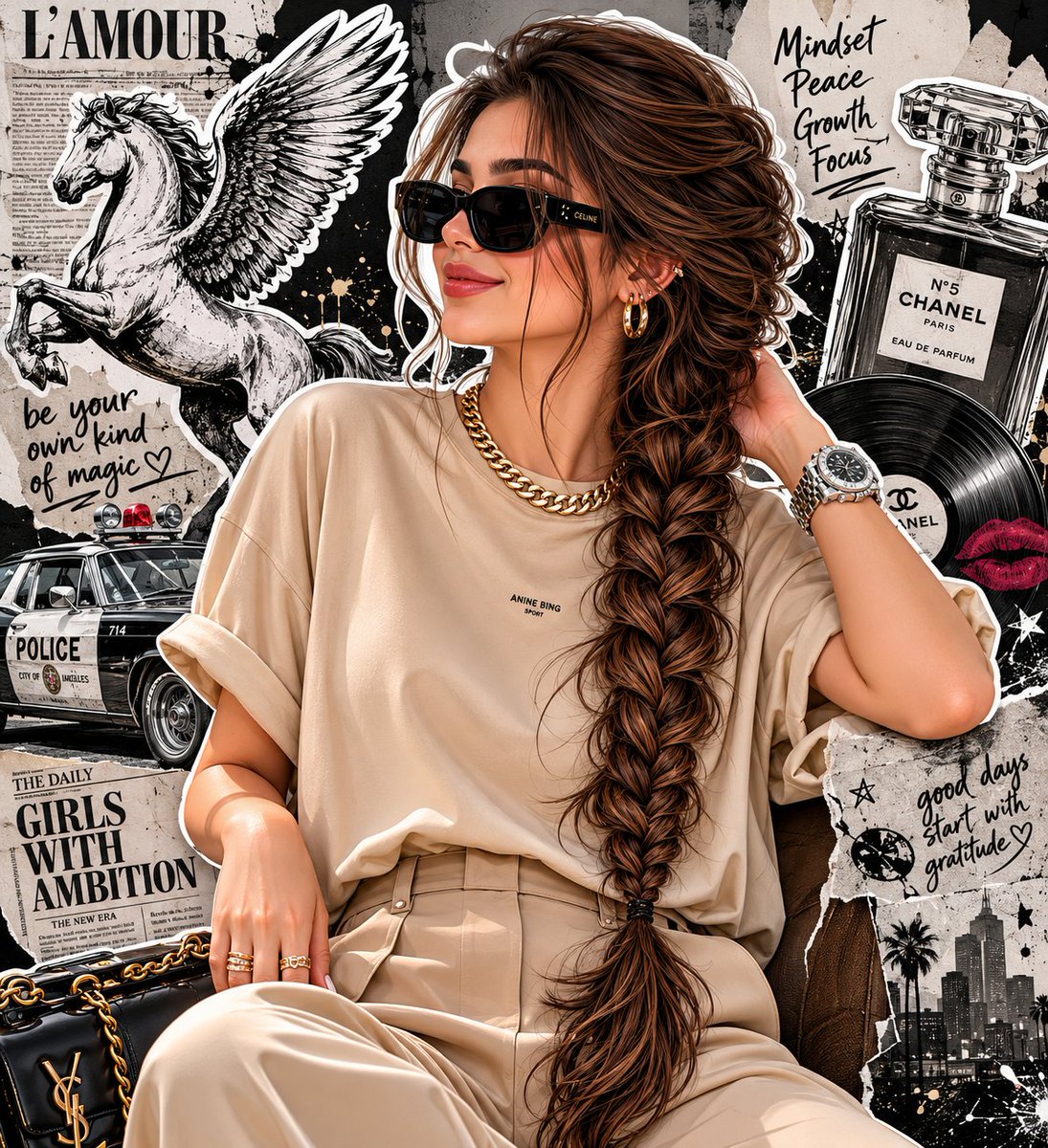 Fashion Editorial Portrait with Grunge Collage - AI image template preview