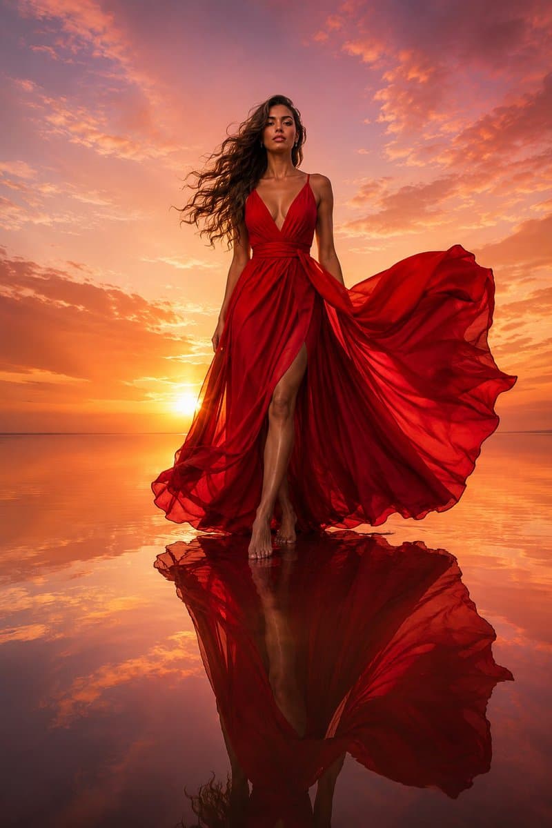 Luxury Crimson Red Dress Fashion Editorial - AI image template preview