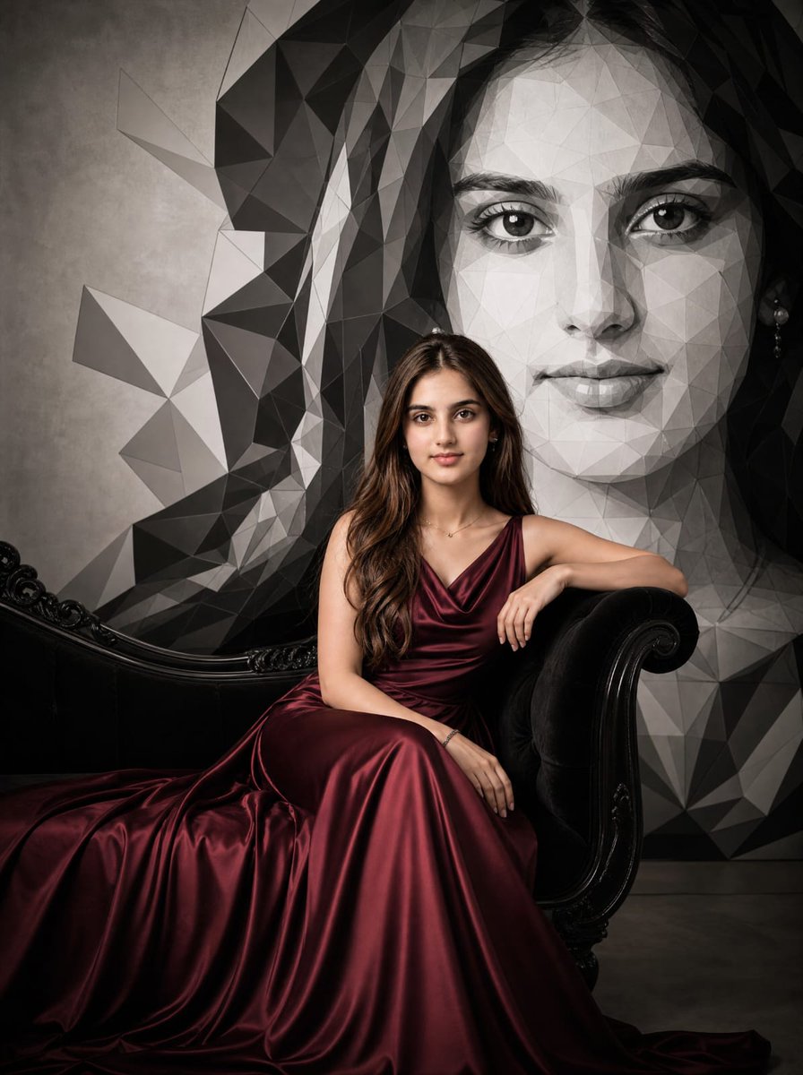 Burgundy Gown Editorial on Black Chaise - AI image template preview