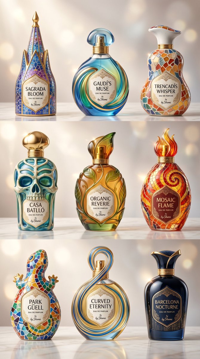 Gaudí-Inspired Perfume Bottle Grid - AI image template preview