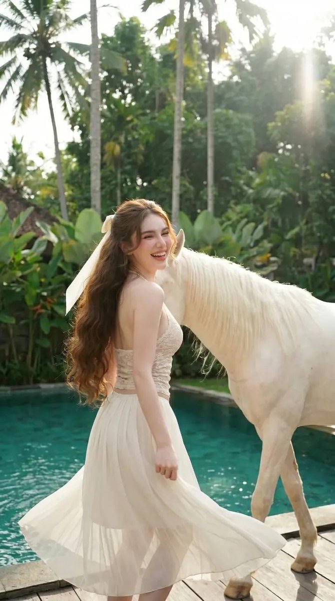 Poolside Woman and White Horse - AI image template preview
